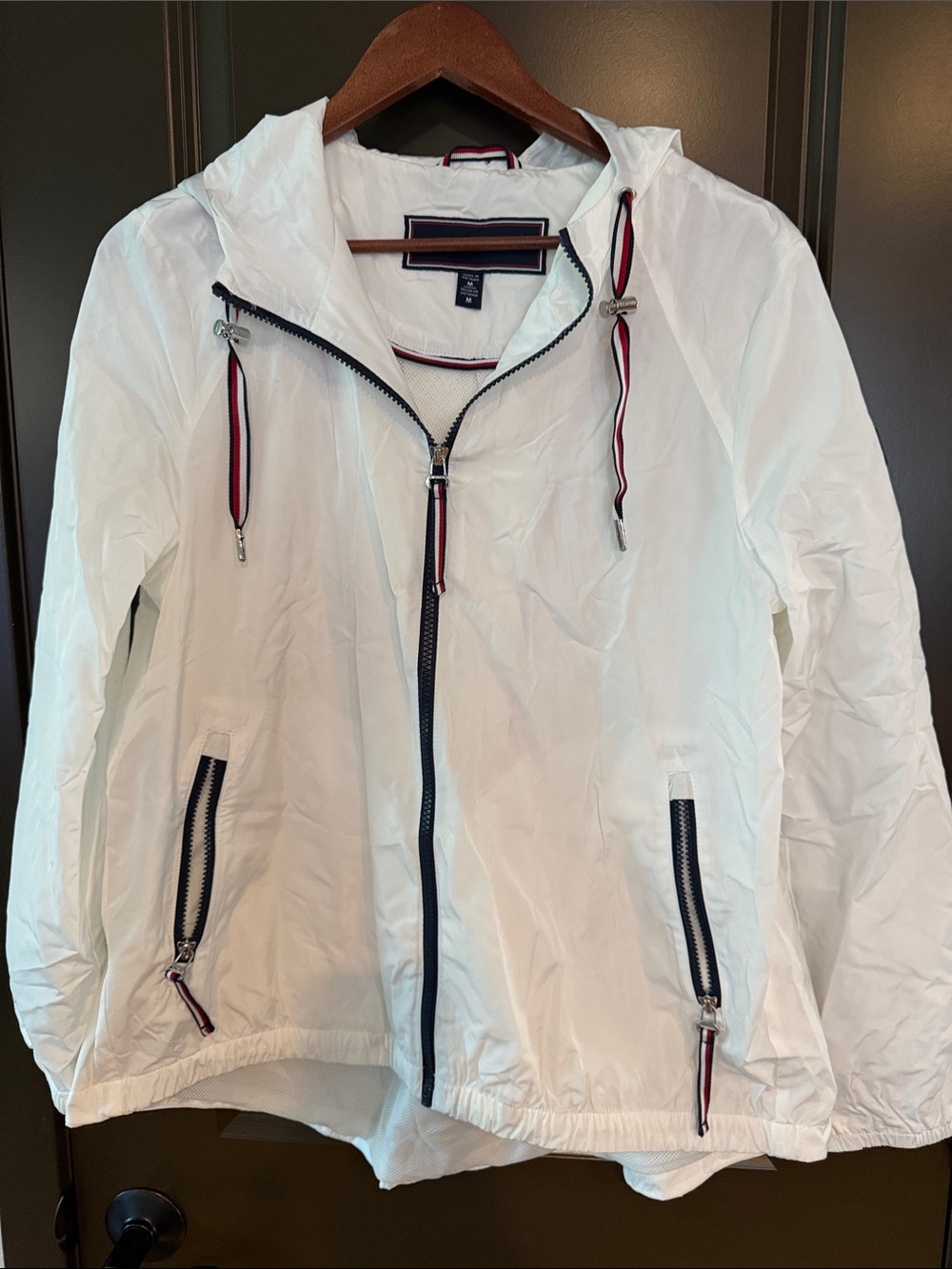 Tommy Hilfiger White Hooded Windbreaker with Navy Trim
